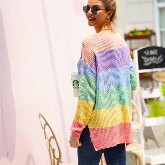 🌈🍁Rainbow Color V Neck Loose Sweater - Picture 5 of 5
